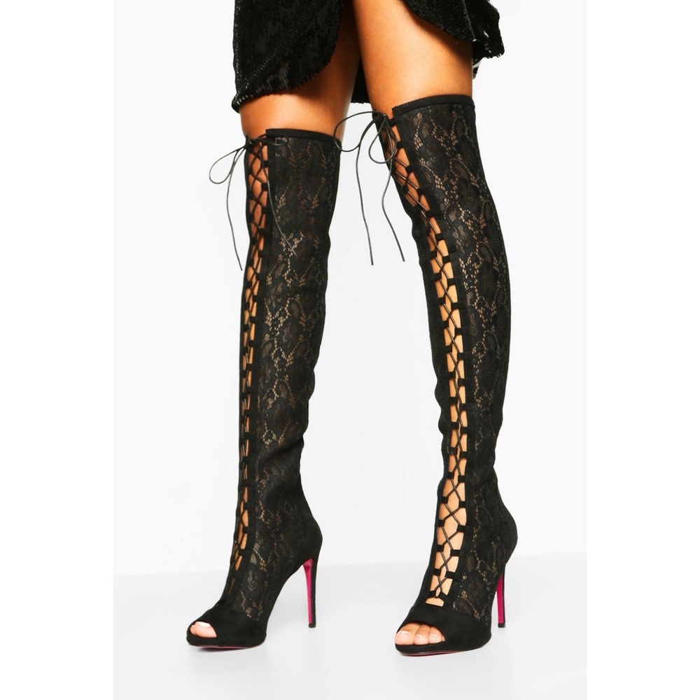 Black Lace Up Thigh High Boot